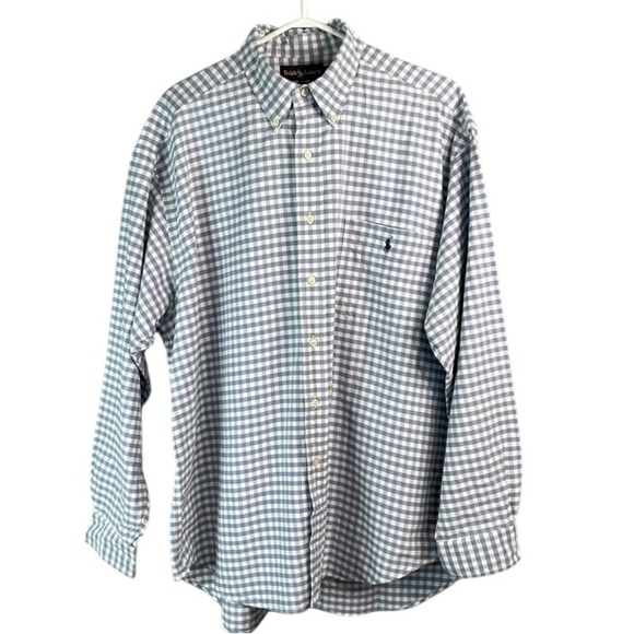 RALPH LAUREN Mens Vintage 90’s The Big Shirt Blue White Buffalo Plaid Oxford L - Picture 2 of 13